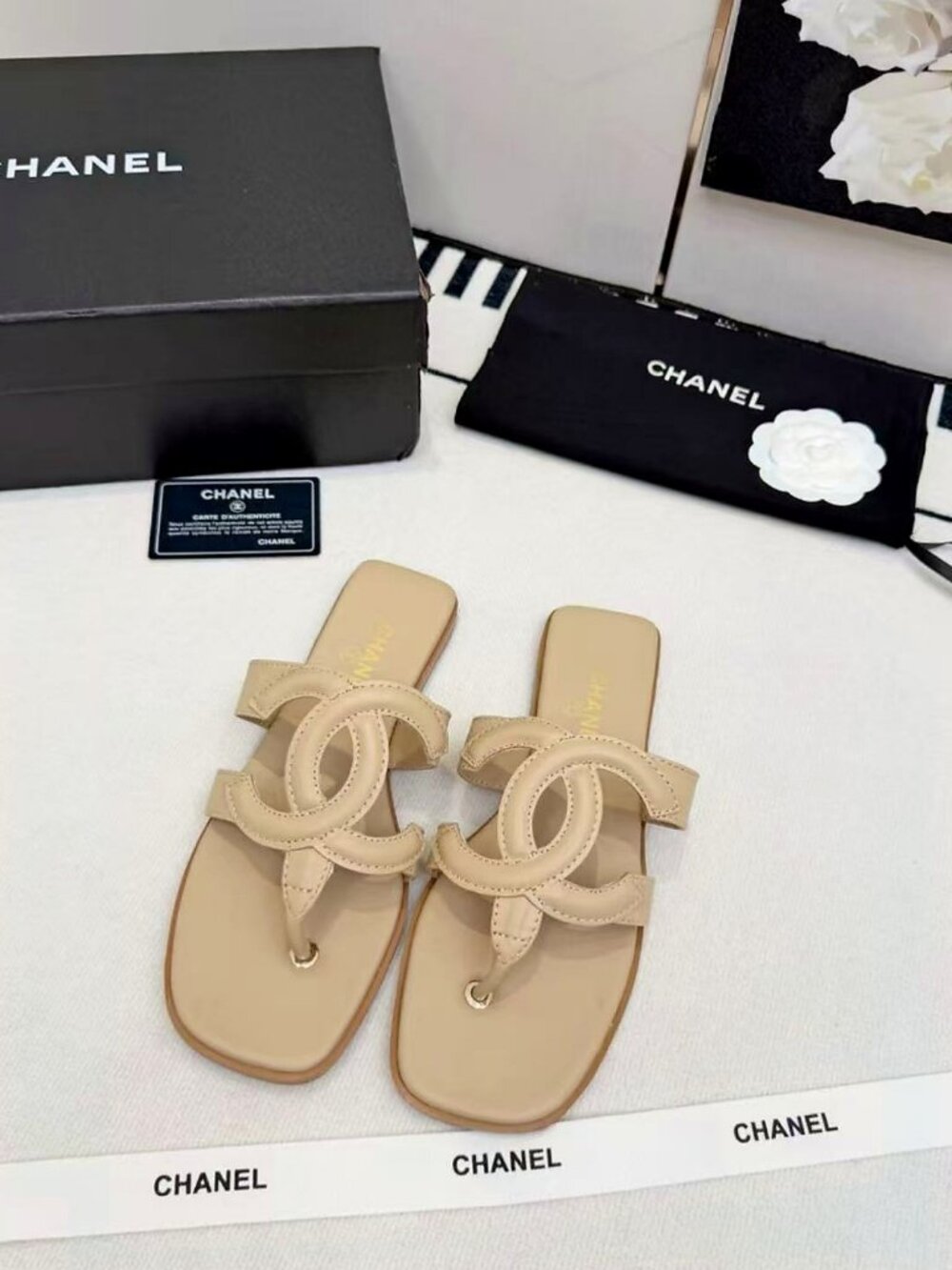 CHANEL Vintage Nude Lambskin Molded CC Logo Square Toe Thong Slides